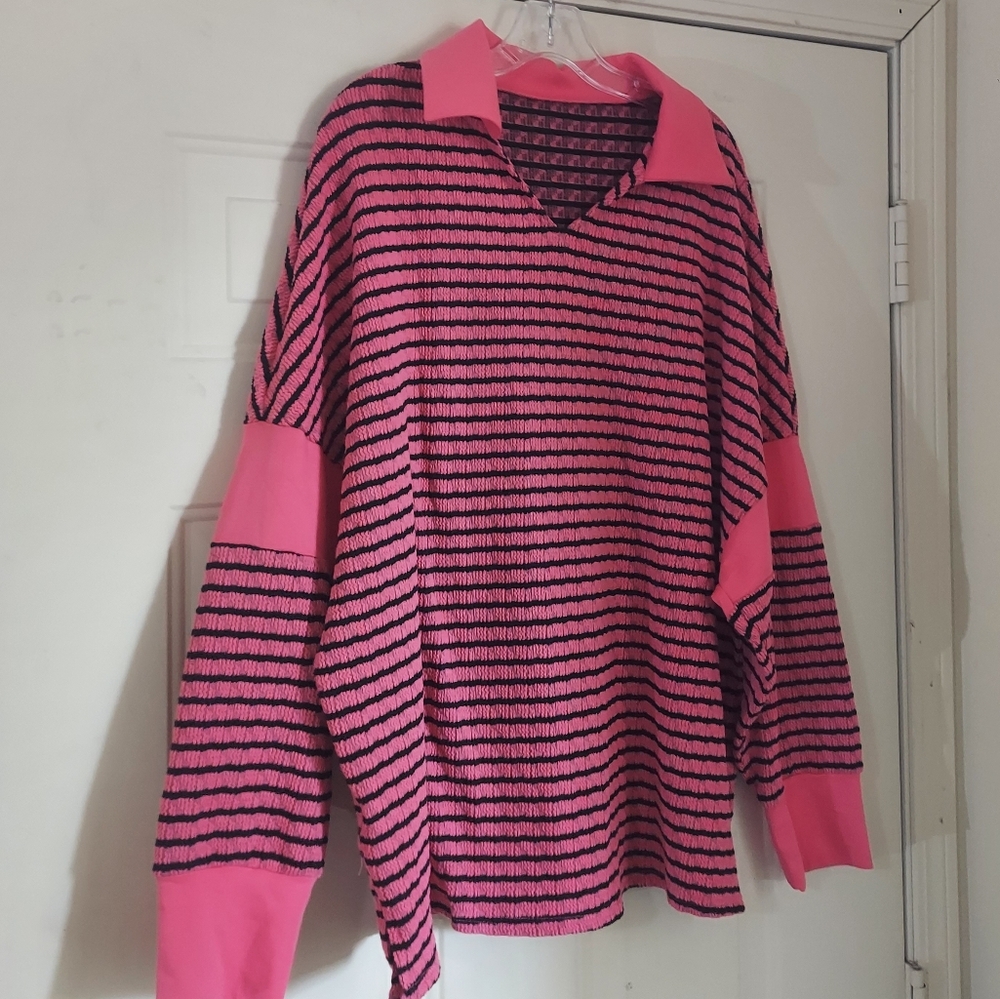 Striped Pink and Black Sweater With Collar